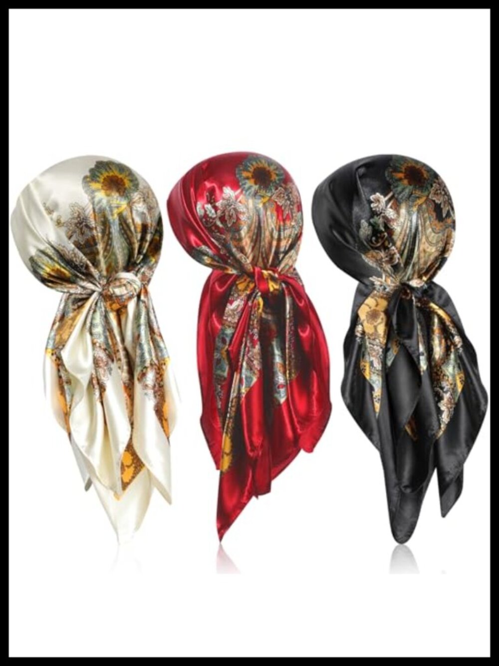 3 Pc Silk Feeling Satin Head Scarf Wraps Large Square 35" Square